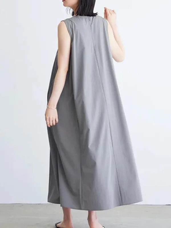 Loose Sleeveless Solid Color Round-Neck Midi Dresses