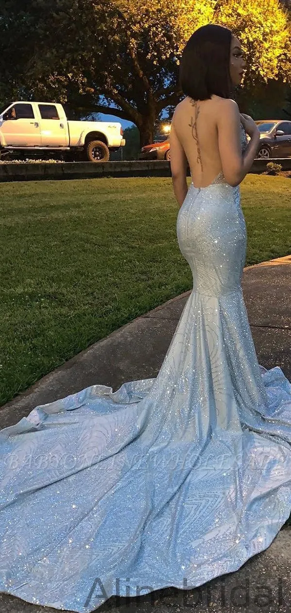 Mermaid Silver Halter Sleeveless Open Back Formal Prom PD1048