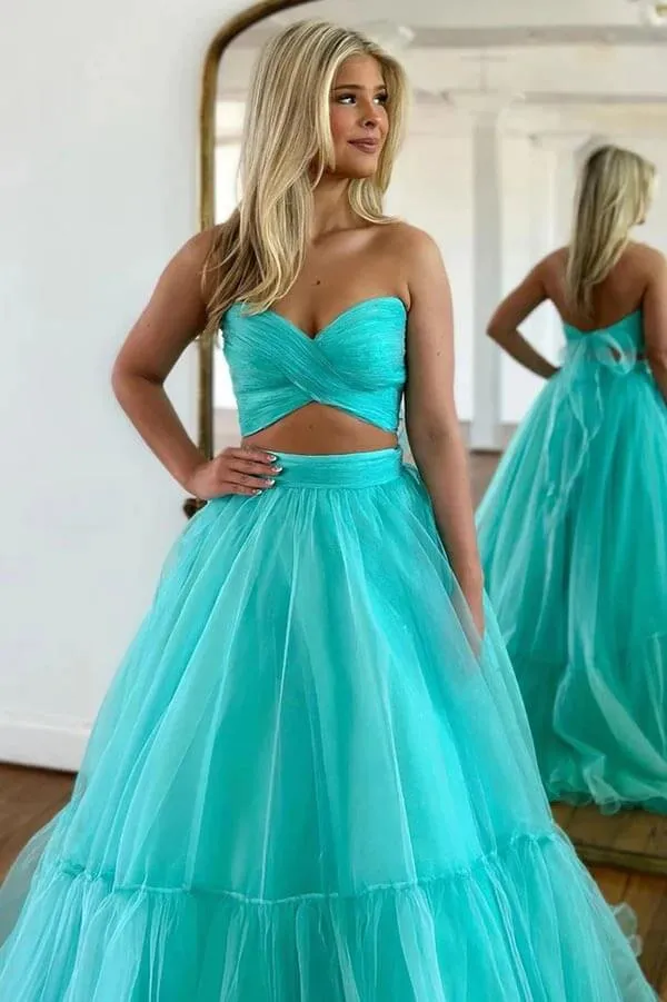 Mint Green Tulle A-line Off-the-Shoulder Prom Dresses, Evening Dresses, SP989