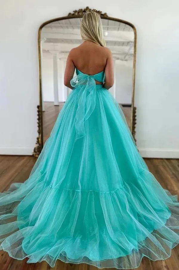 Mint Green Tulle A-line Off-the-Shoulder Prom Dresses, Evening Dresses, SP989