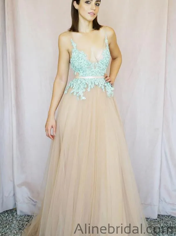 Modest A-Line Tulle Lace Long Prom Dress, Champagne Evening Dress PD1035