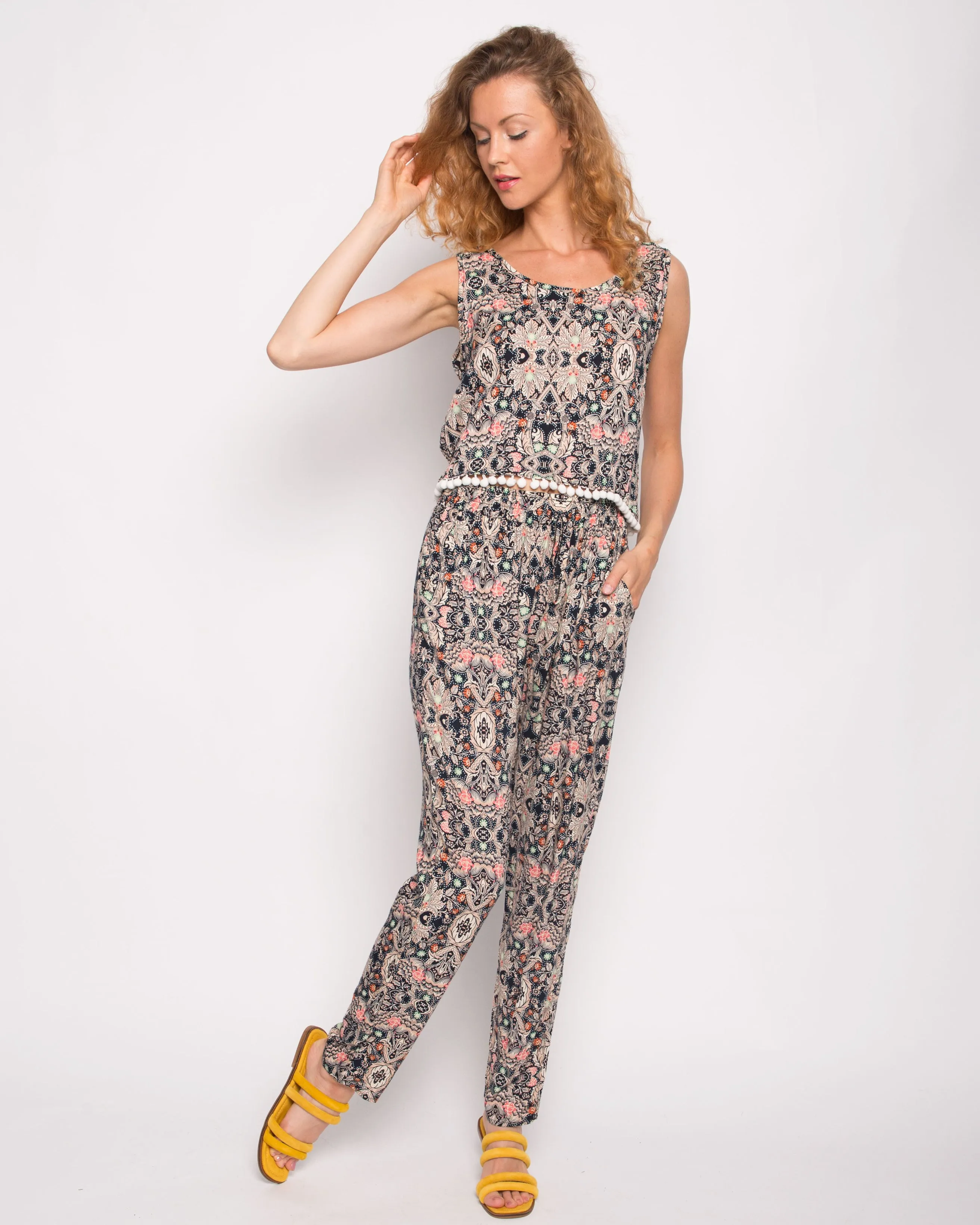 Monochrome print cotton tassel vest top and trousers suits co-ords (PINK)