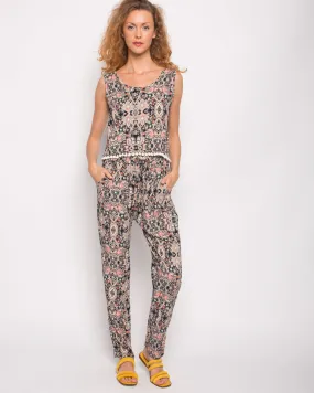 Monochrome print cotton tassel vest top and trousers suits co-ords (PINK)