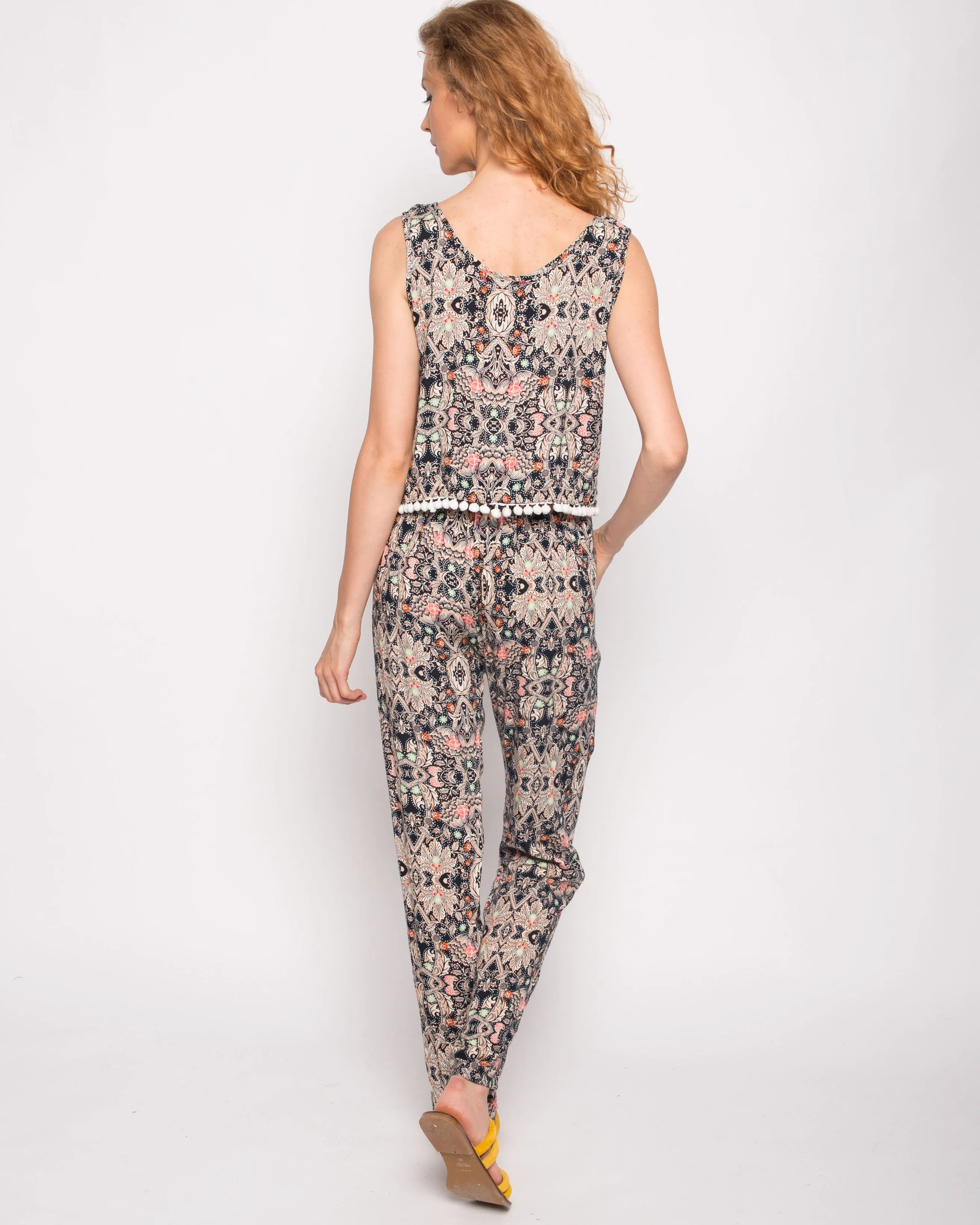 Monochrome print cotton tassel vest top and trousers suits co-ords (PINK)