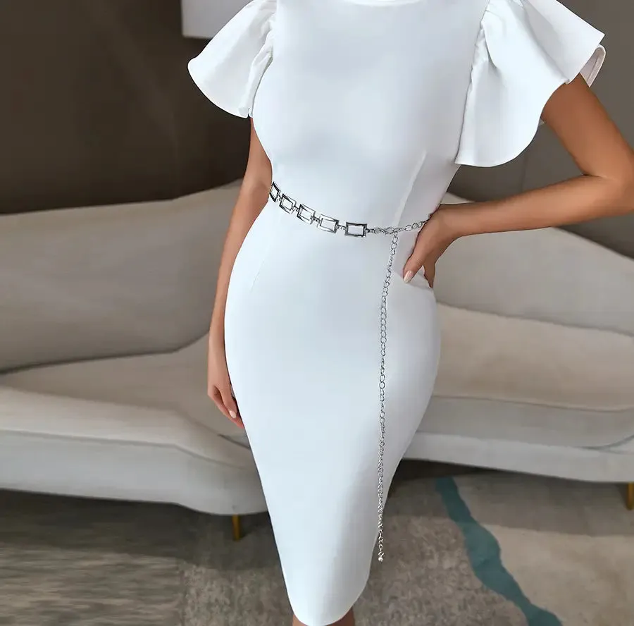 Off Shoulder Short Sleeve Sashes Evening Midi Dress