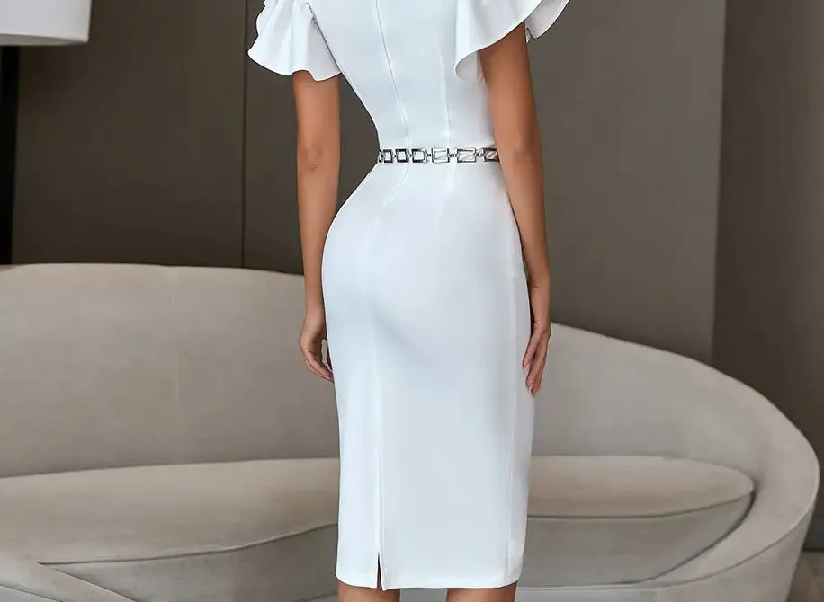 Off Shoulder Short Sleeve Sashes Evening Midi Dress