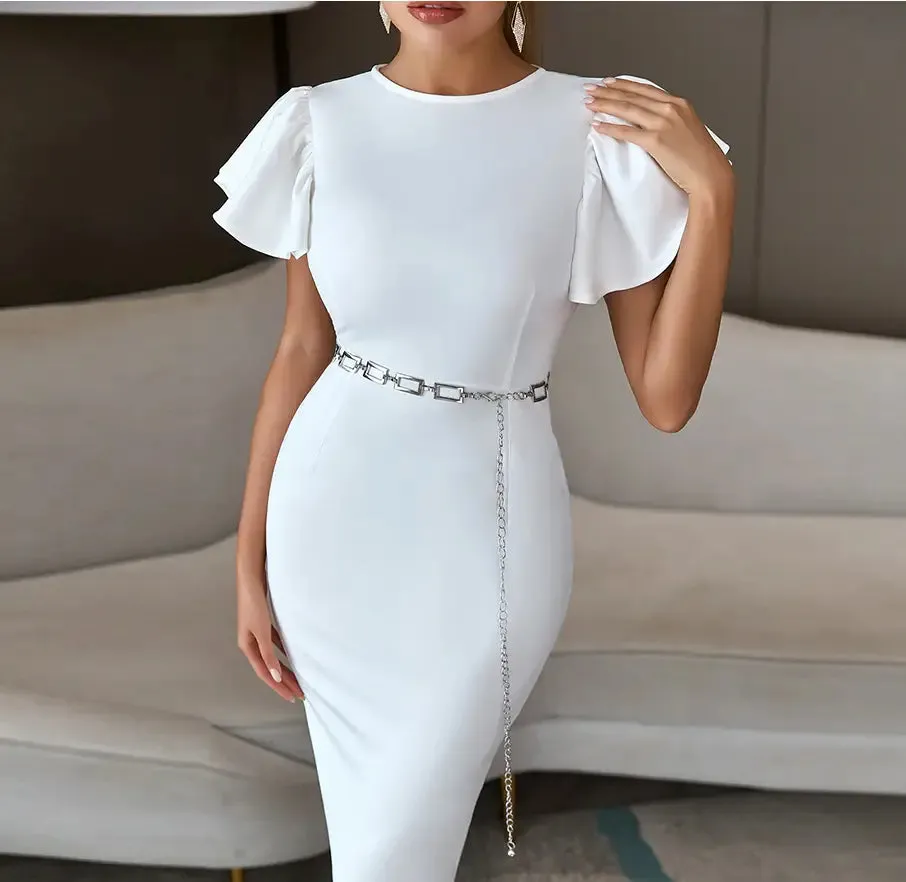 Off Shoulder Short Sleeve Sashes Evening Midi Dress