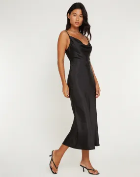 Palasha Midi Dress in Satin Black