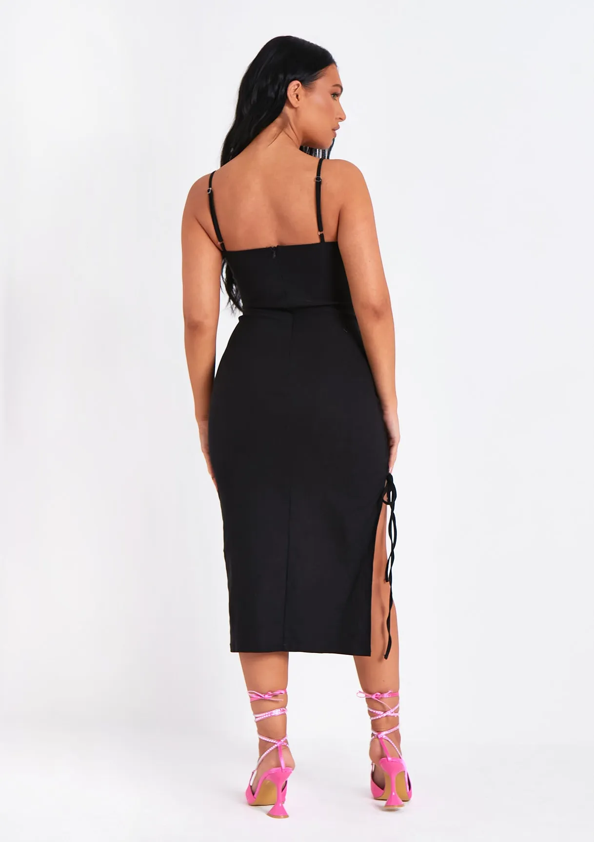 Penelope Black Lace Up Side Midi Dress