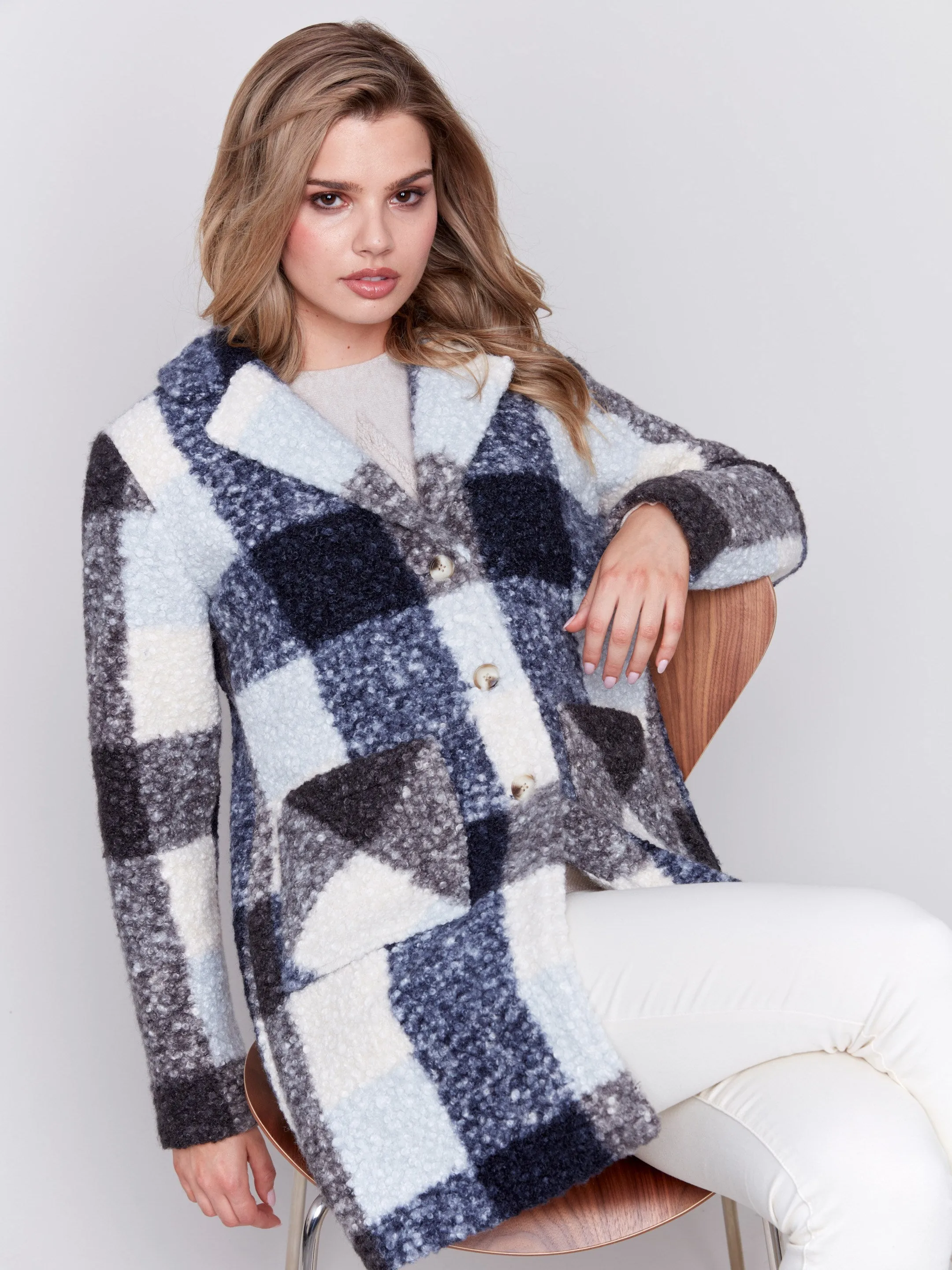 Plaid Bouclé Knit Coat - Navy