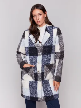 Plaid Bouclé Knit Coat - Navy