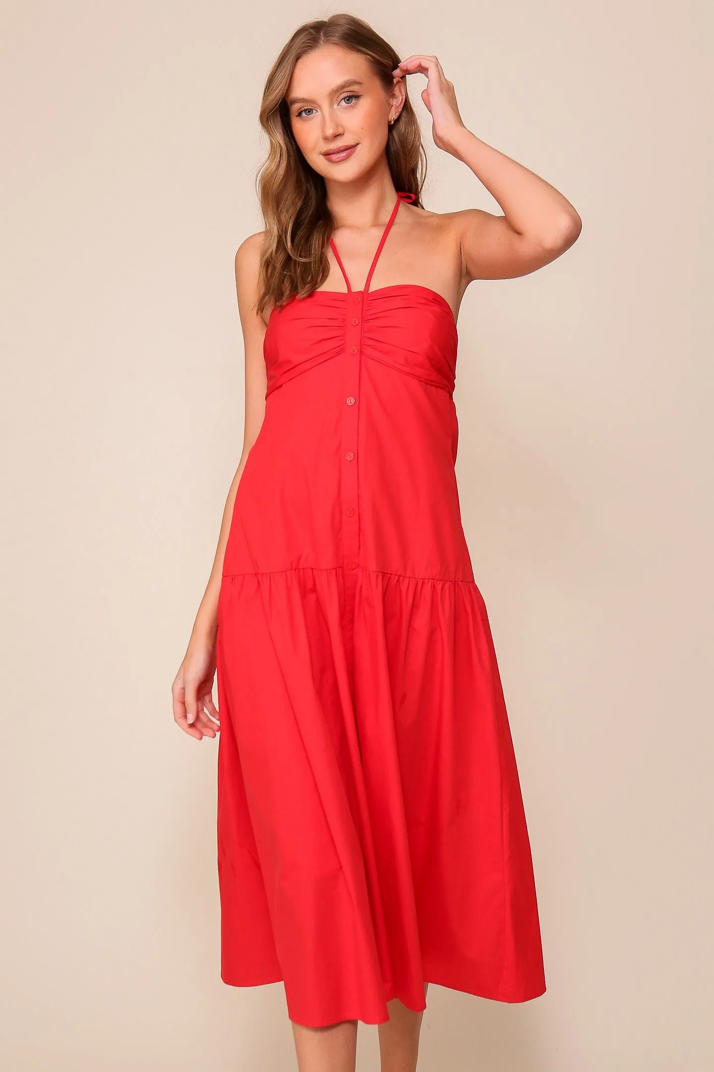 Red Midi Halter Tie Button Down Dress