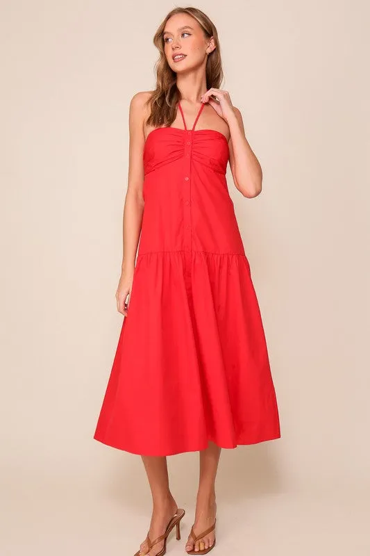 Red Midi Halter Tie Button Down Dress