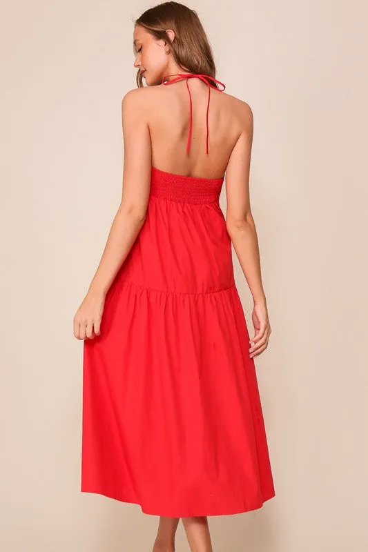 Red Midi Halter Tie Button Down Dress