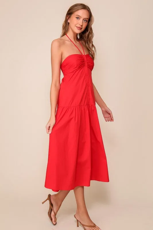 Red Midi Halter Tie Button Down Dress