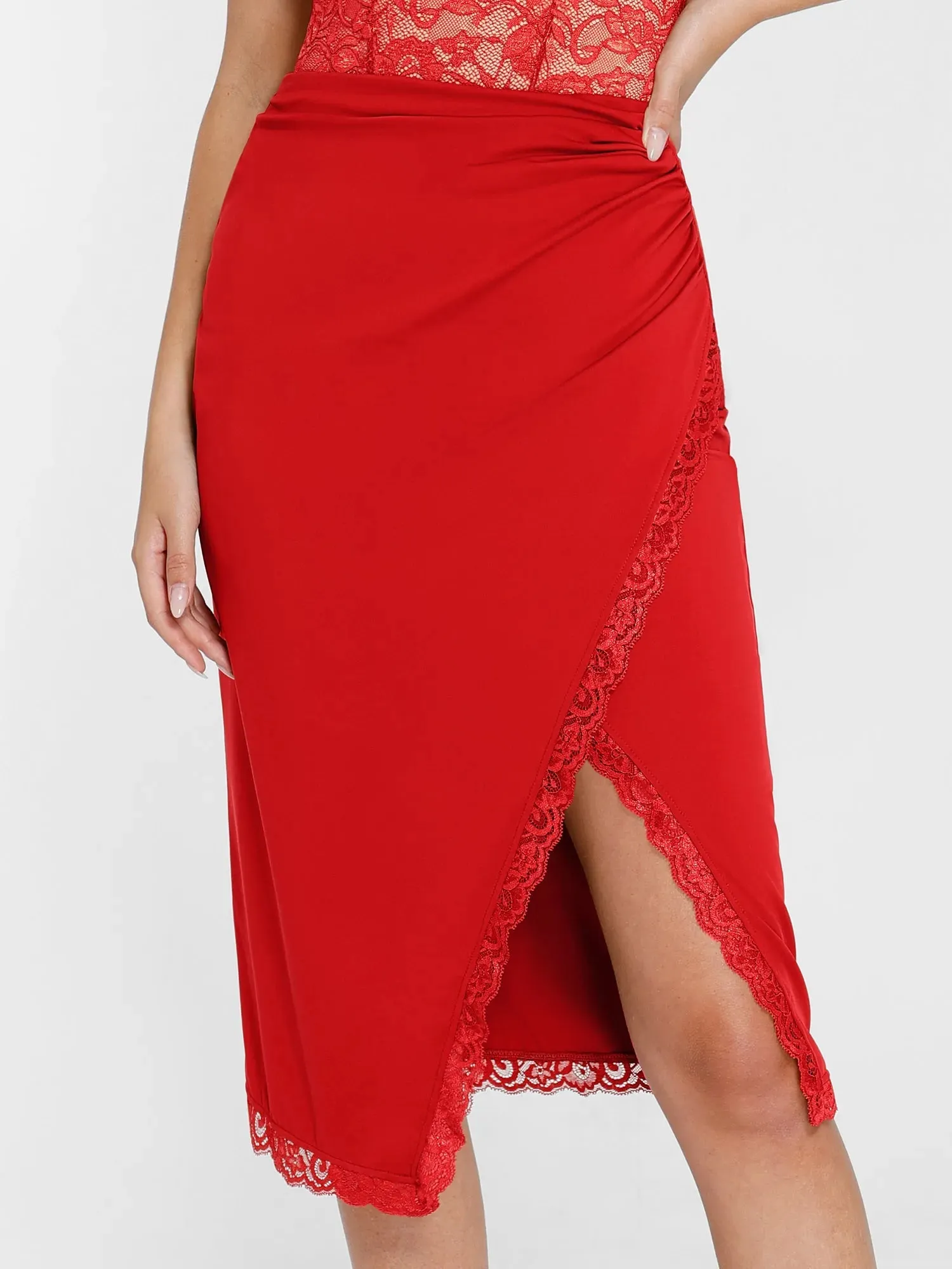 Shapewear Slimming Lace Trim Midi Wrap Skirt