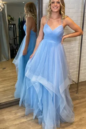 Shiny Light Blue Tulle V-neck Open Back Prom Dresses, Evening Dresses, SP948