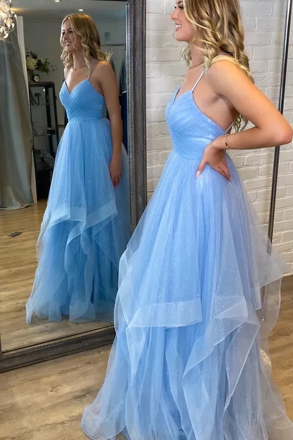 Shiny Light Blue Tulle V-neck Open Back Prom Dresses, Evening Dresses, SP948