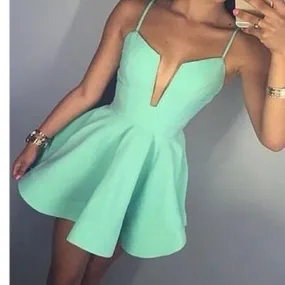 Short Mint Green Spaghetti Straps Simple V-neck A-line freshman homecoming  dresses, BD00190