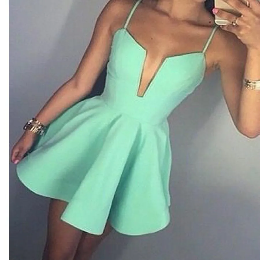 Short Mint Green Spaghetti Straps Simple V-neck A-line freshman homecoming  dresses, BD00190