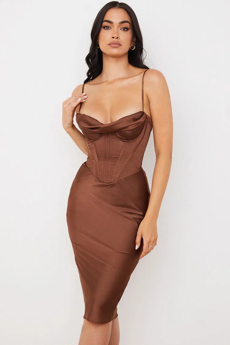 Silky Cowl Neck Corset Satin Midi Cocktail Dress - Coffee