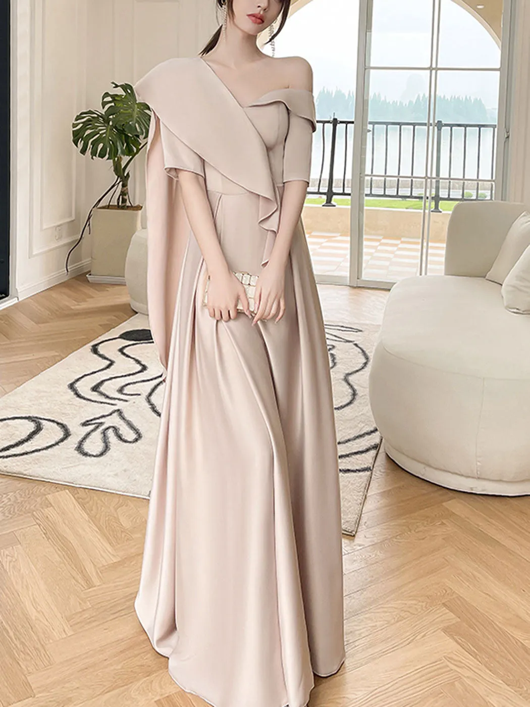 Simple Champagne A line Long Prom Dress, Champagne Bridesmaid Dresses