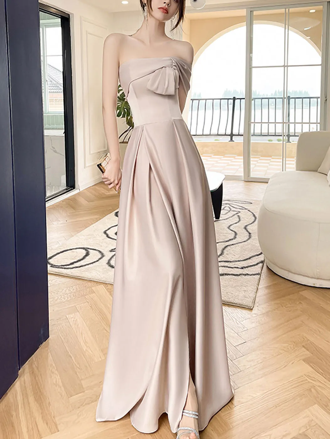 Simple Champagne A line Long Prom Dress, Champagne Bridesmaid Dresses