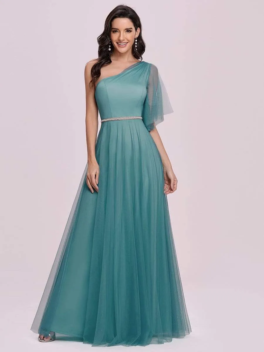 Simple Maxi One Shoulder Tulle Bridesmaid Dress