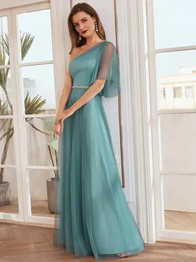 Simple Maxi One Shoulder Tulle Bridesmaid Dress