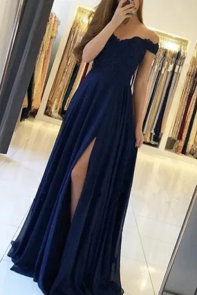 Simple Navy Chiffon A Line Off the Shoulder Prom Dresses With Side Split, SP633