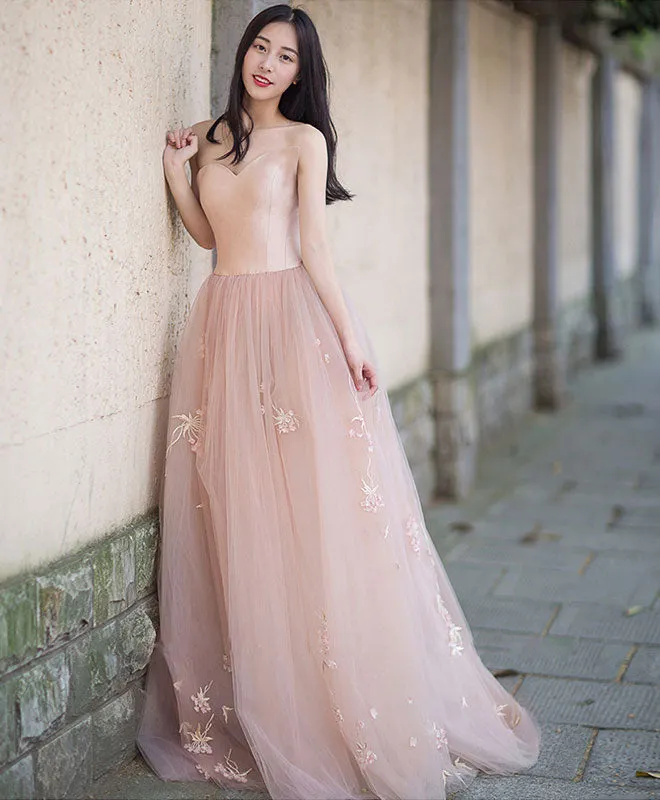 Simple Pink Tulle Long Prom Dress, Pink Tulle Formal Dress