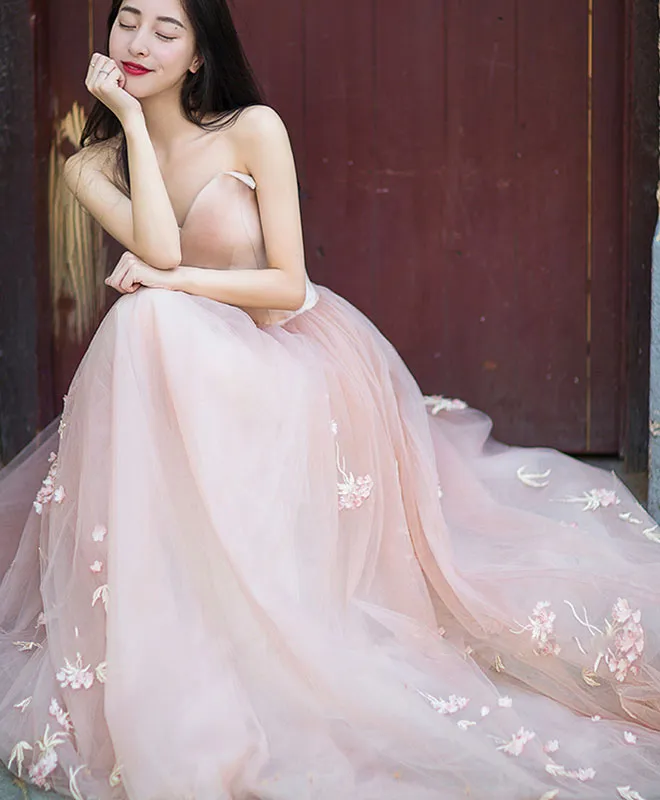 Simple Pink Tulle Long Prom Dress, Pink Tulle Formal Dress