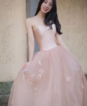 Simple Pink Tulle Long Prom Dress, Pink Tulle Formal Dress