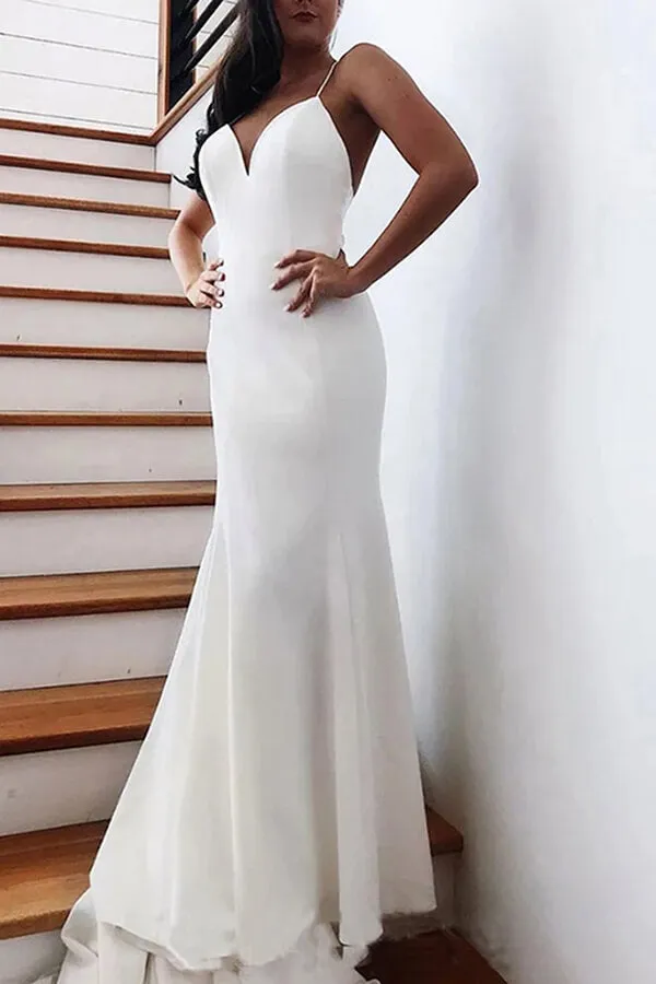 Simple Satin Mermaid V-neck Backless Spaghetti Straps Wedding Dresses, SW549