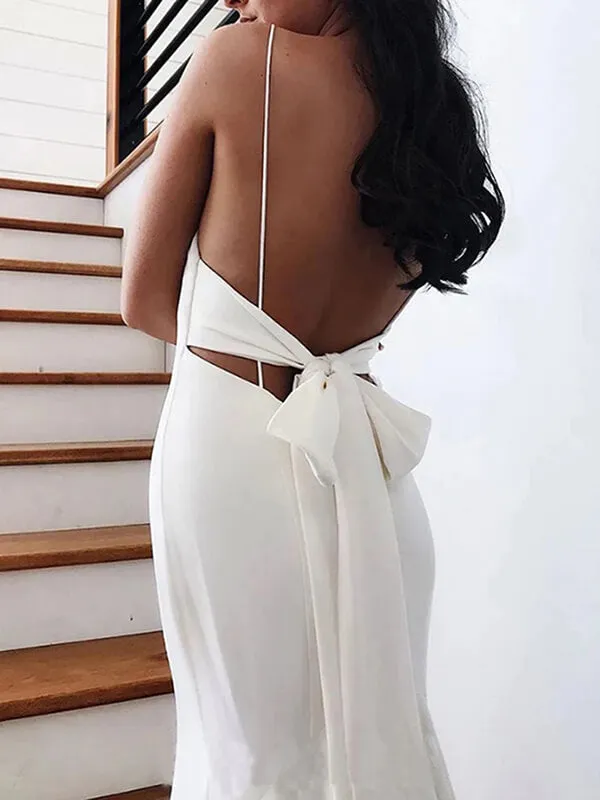 Simple Satin Mermaid V-neck Backless Spaghetti Straps Wedding Dresses, SW549