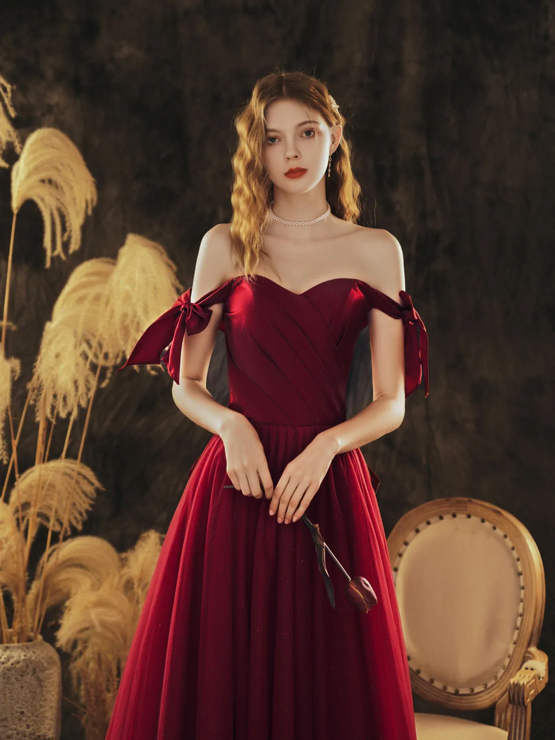 Simple Sweetheart Neck Tulle Long Prom Dress Burgundy Evening Dress