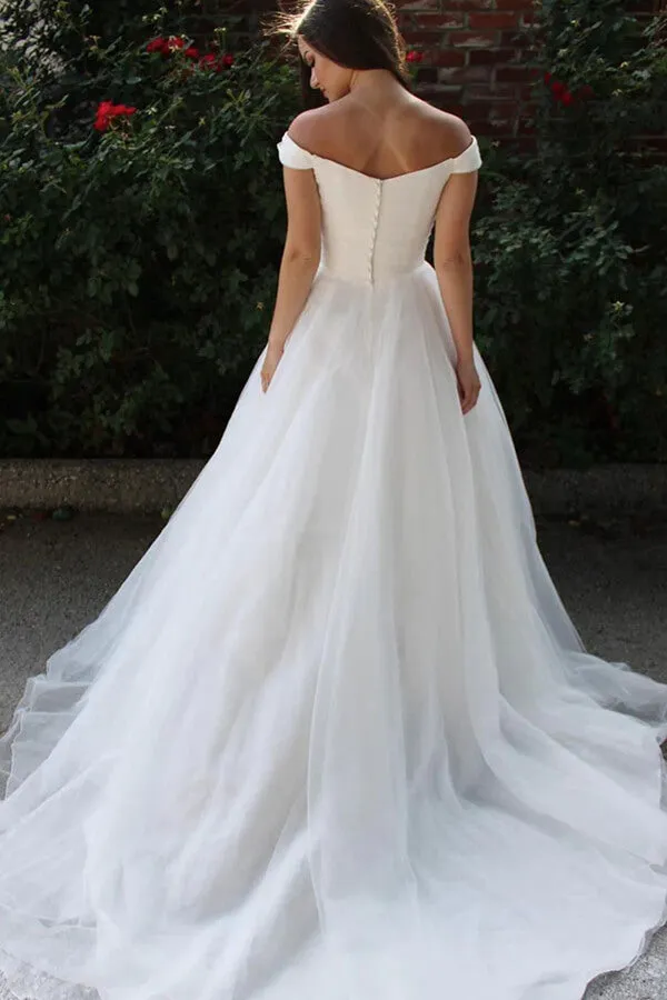 Simple White Tulle A-line Off-the-Shoulder Wedding Dresses, Bridal Gowns, SW587