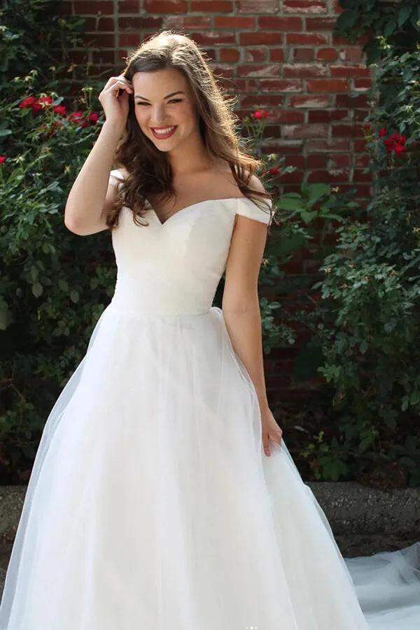 Simple White Tulle A-line Off-the-Shoulder Wedding Dresses, Bridal Gowns, SW587