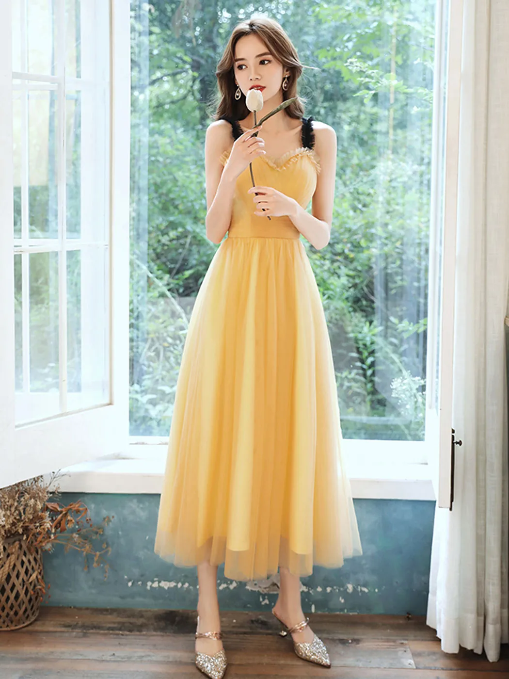 Simple Yellow Sweetheart Neck Tea Length Prom Dress, Yellow Formal Dress