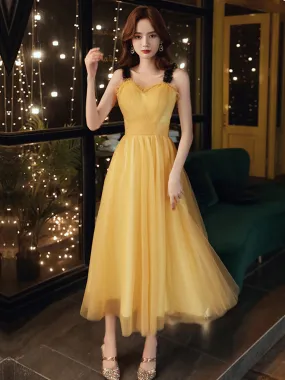 Simple Yellow Sweetheart Neck Tea Length Prom Dress, Yellow Formal Dress