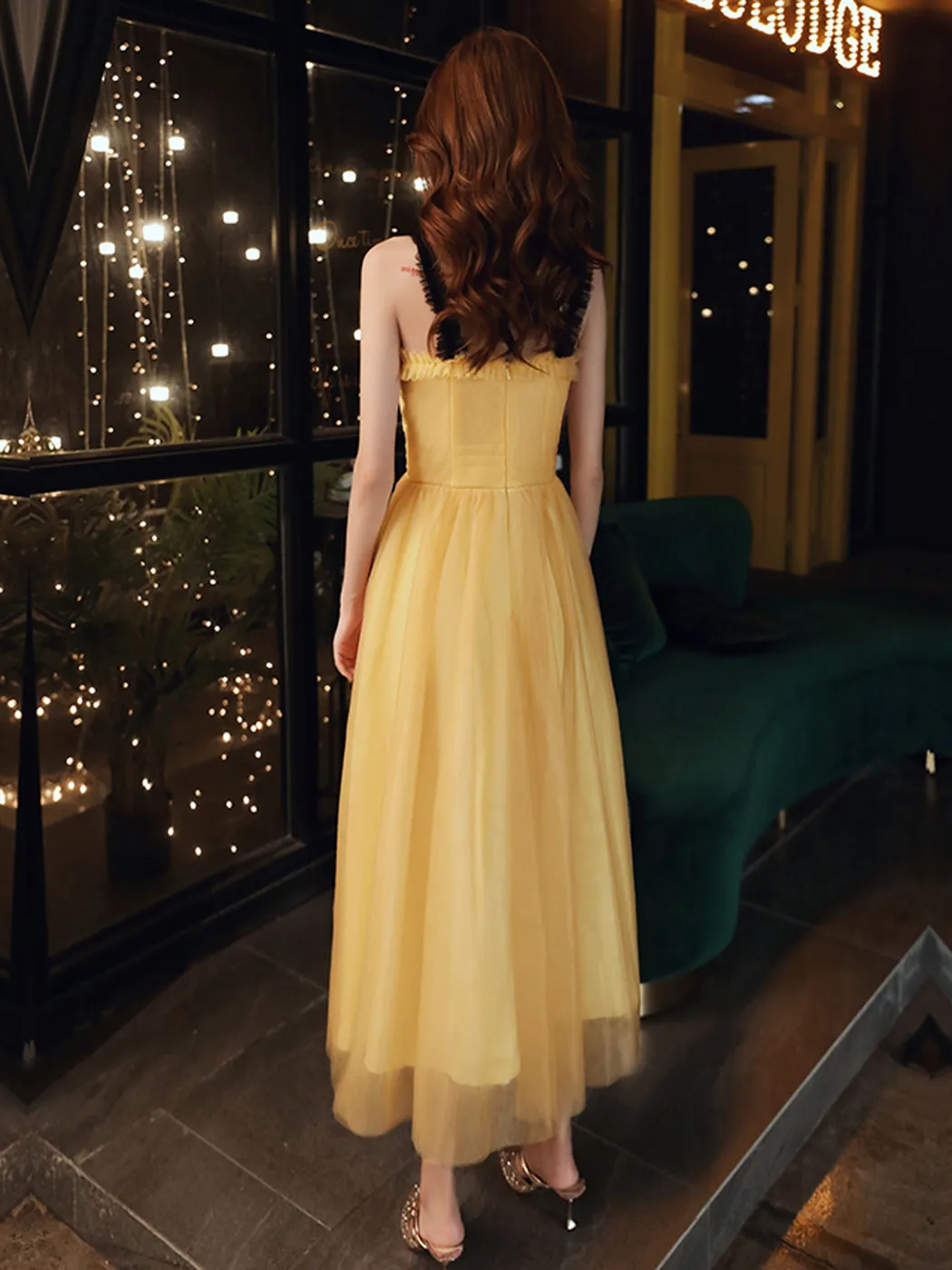 Simple Yellow Sweetheart Neck Tea Length Prom Dress, Yellow Formal Dress