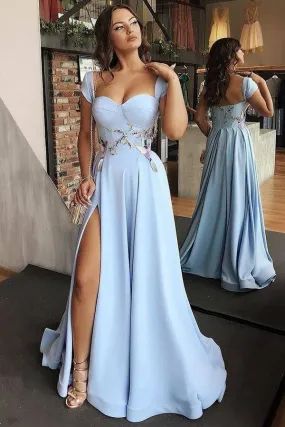 Sky Blue A-line Sweetheart Cape Sleeves Long Prom Dresses With Side Split, SP700