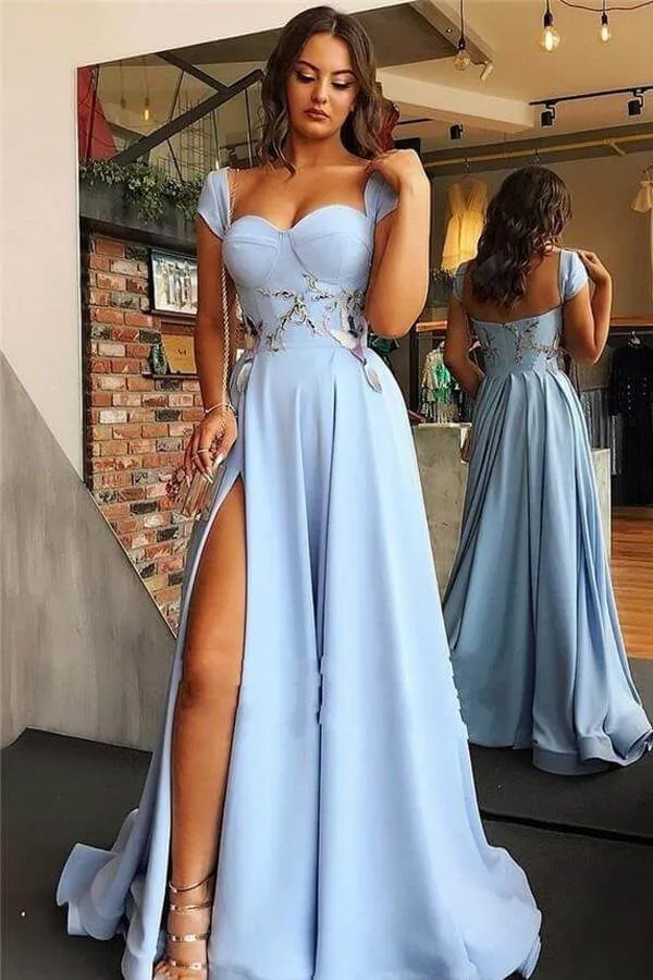 Sky Blue A-line Sweetheart Cape Sleeves Long Prom Dresses With Side Split, SP700