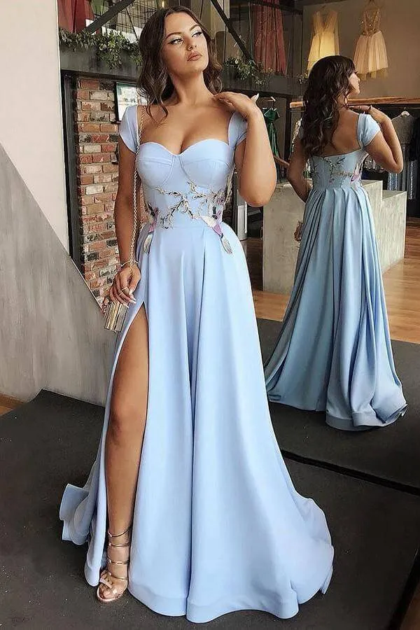 Sky Blue A-line Sweetheart Cape Sleeves Long Prom Dresses With Side Split, SP700