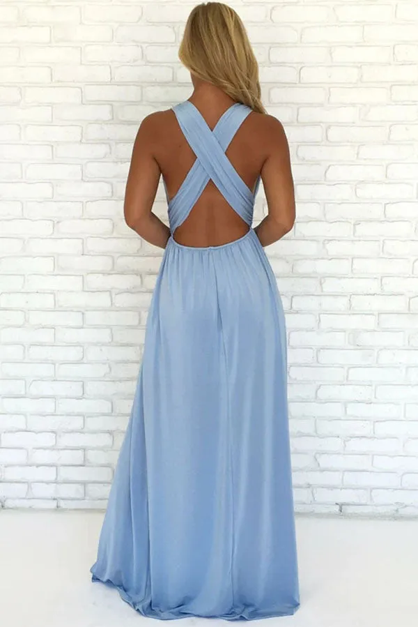 Sky Blue Chiffon A-Line V-Neck Criss-Cross Straps Prom Dress With Side Slit, SP626