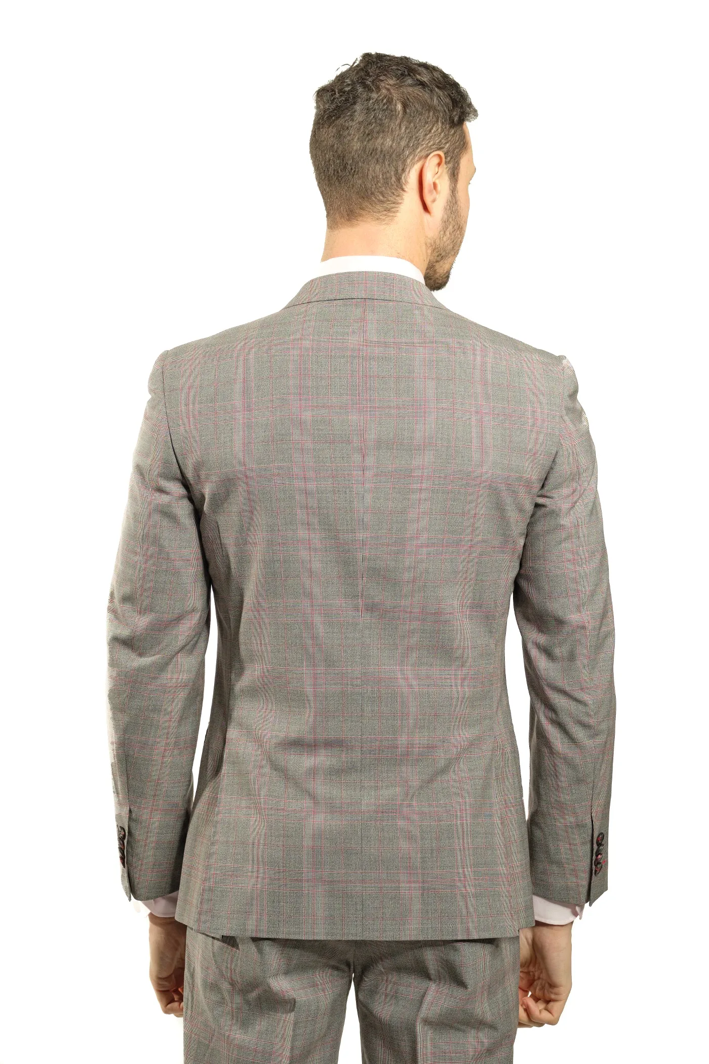 Slim Fit Grey Plaid With Red Detail Two Piece GB-ITA-308