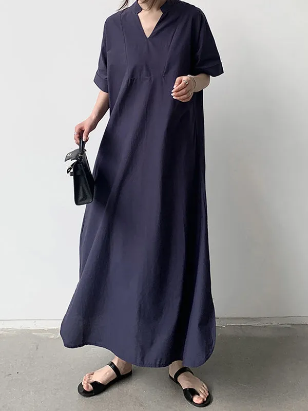 Solid Color Loose Short Sleeves V-Neck Maxi Dresses