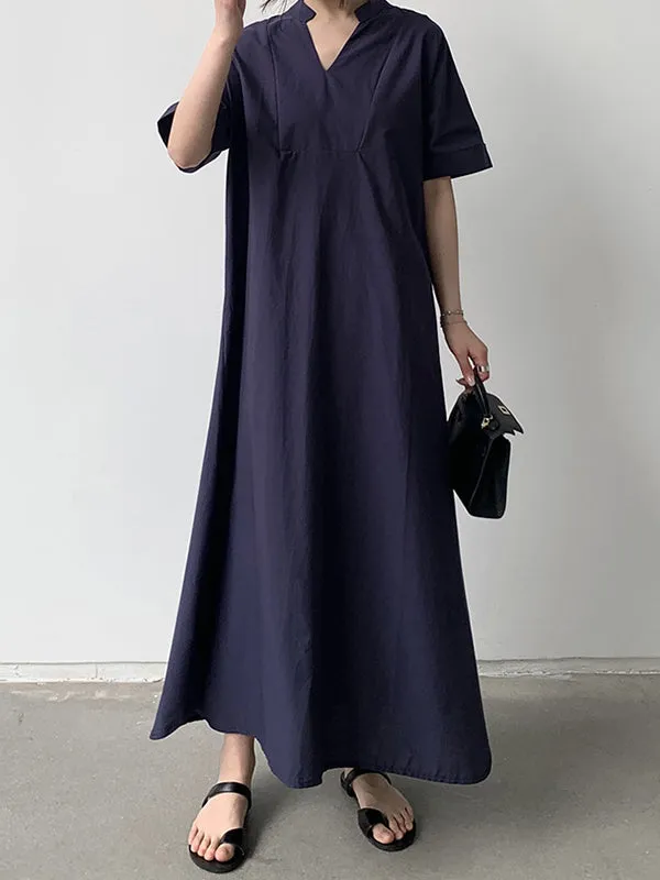 Solid Color Loose Short Sleeves V-Neck Maxi Dresses