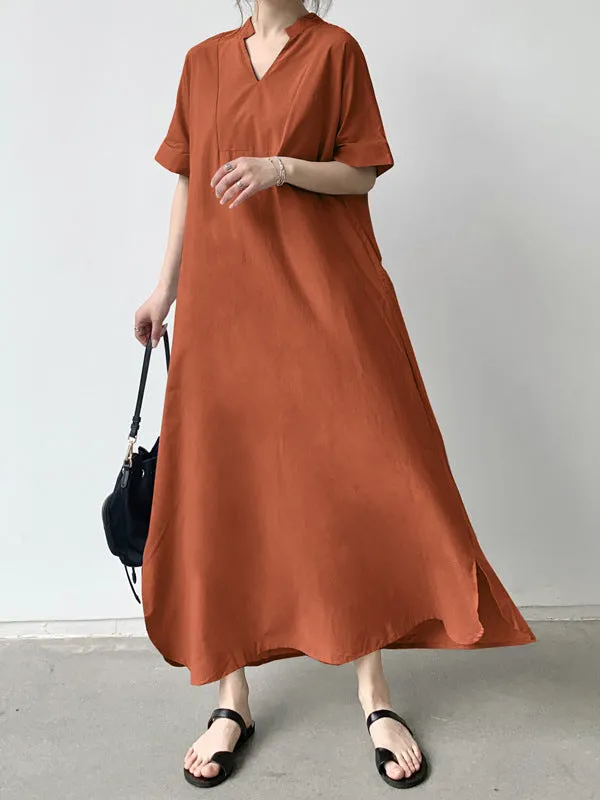 Solid Color Loose Short Sleeves V-Neck Maxi Dresses