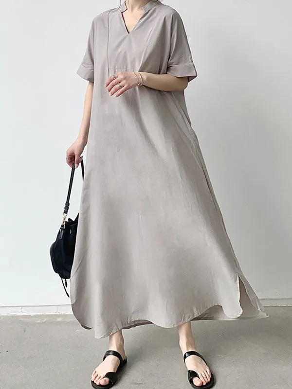 Solid Color Loose Short Sleeves V-Neck Maxi Dresses